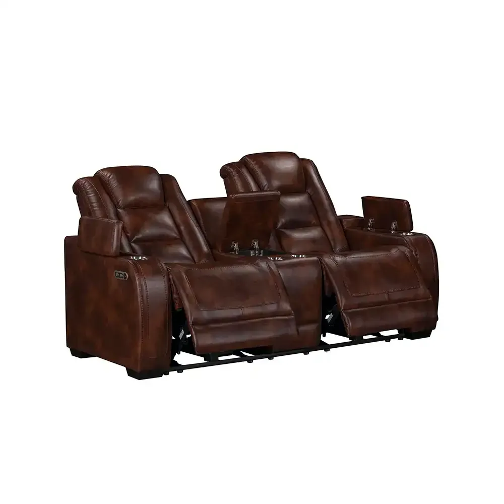 Brown reclining loveseat with two padded seats and cupholders on a white background