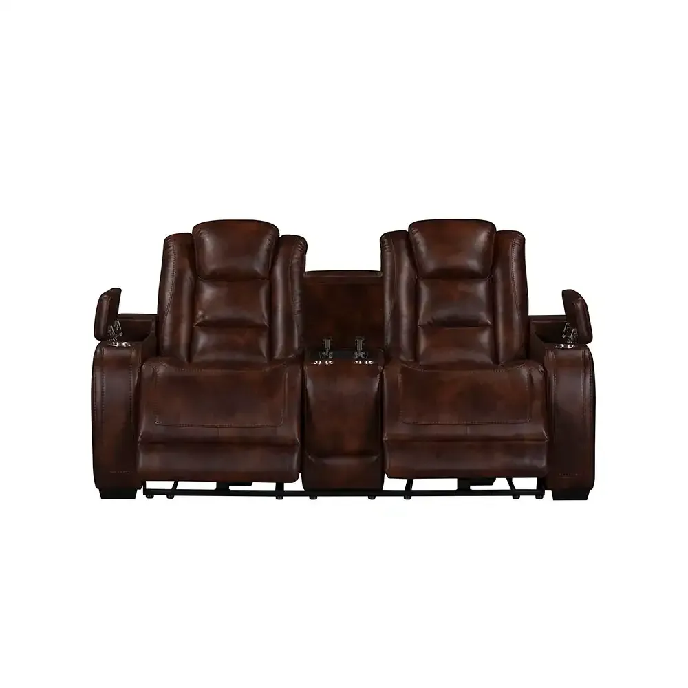 Brown leather dual recliner loveseat with center console on a white background