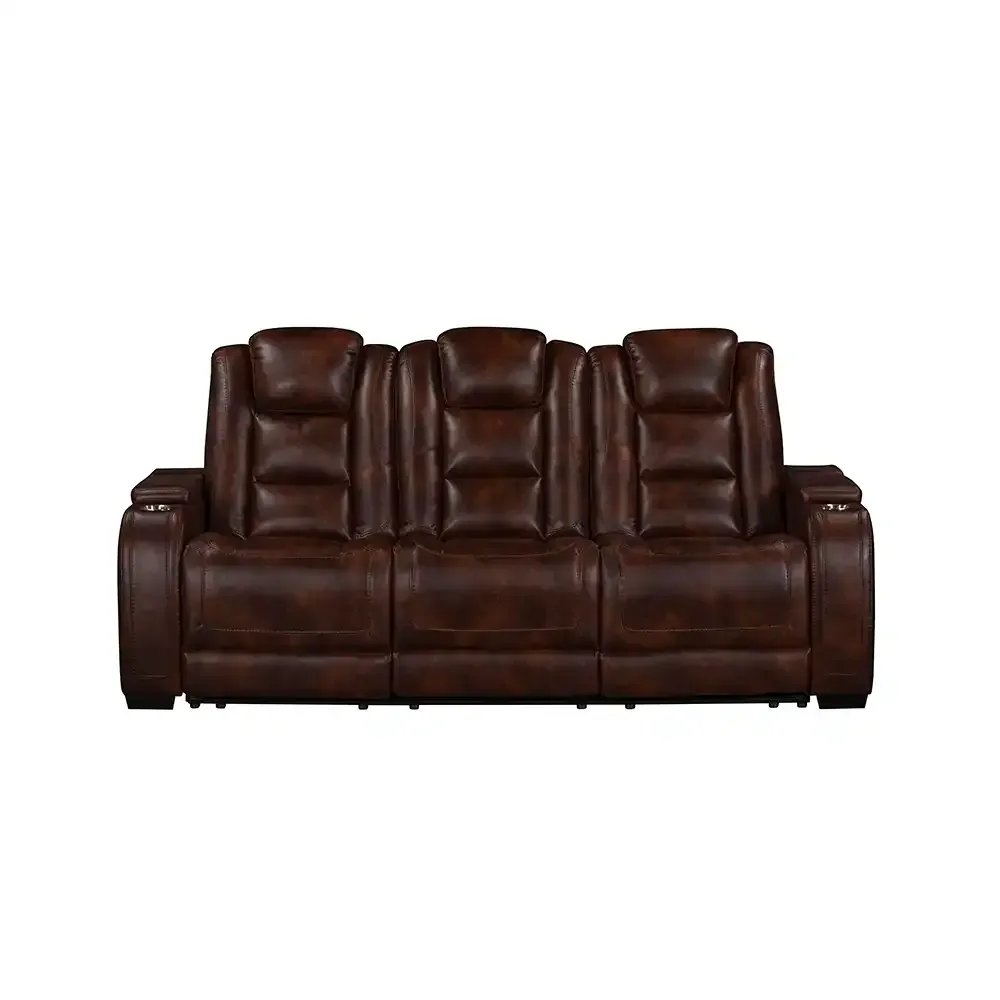 Brown leather reclining sofa with three seats and padded backrests