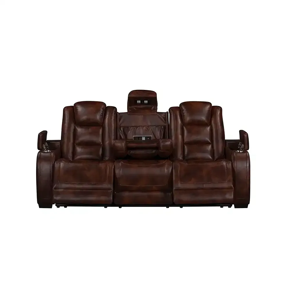 Brown leather home theater recliner sofa with center console and cupholders