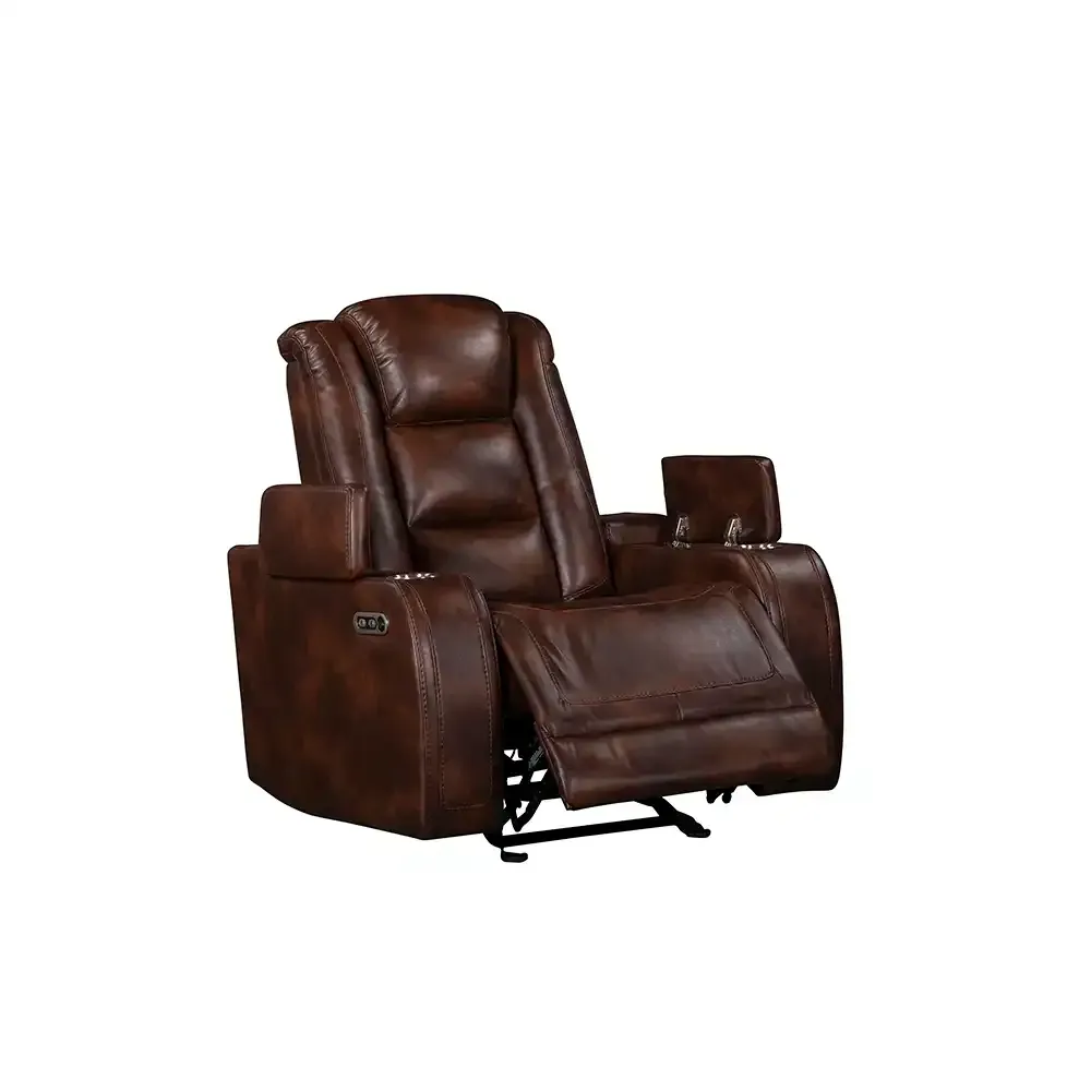 Brown leather reclining armchair with cup holders and footrest