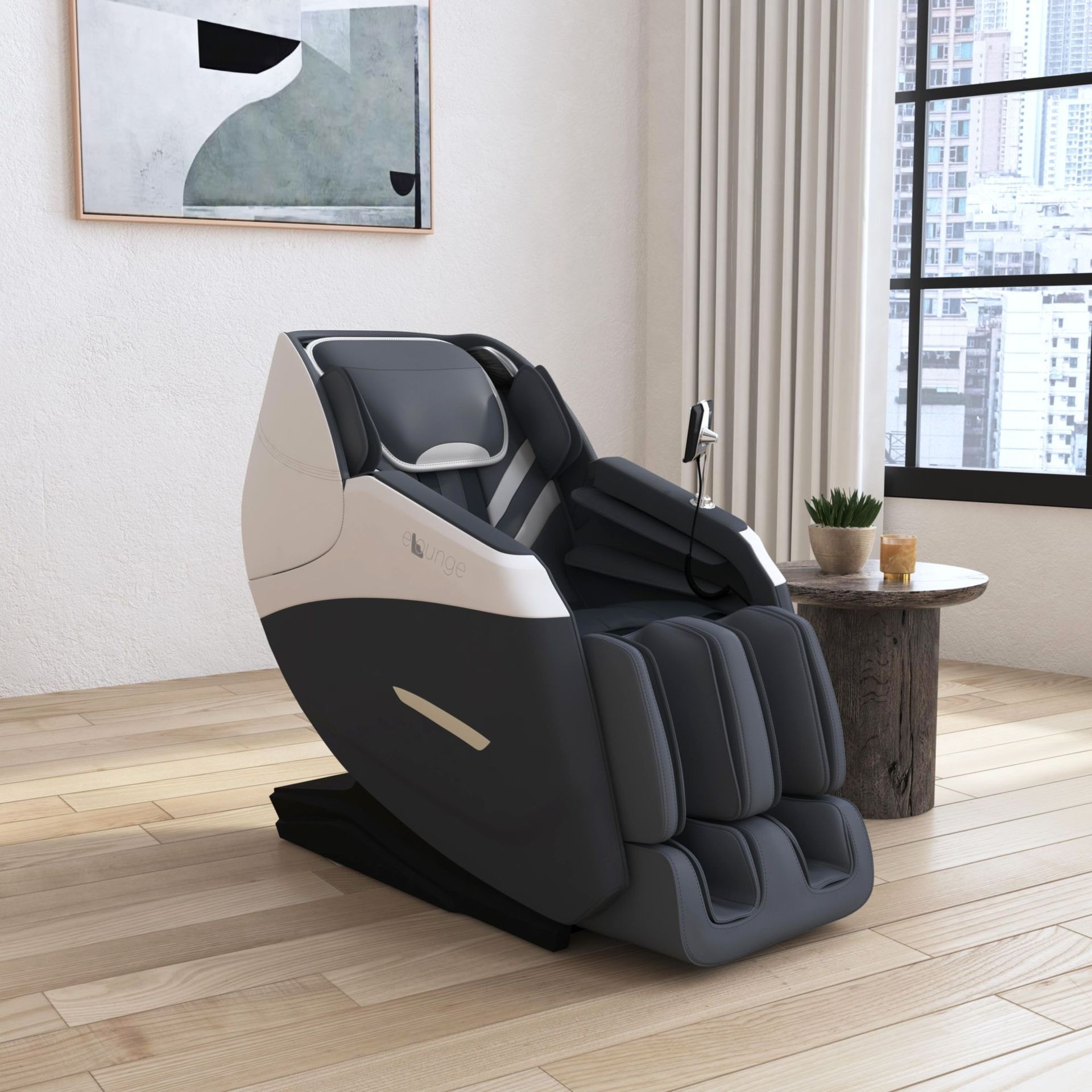 Modern massage chair in a bright living room beside a window and side table