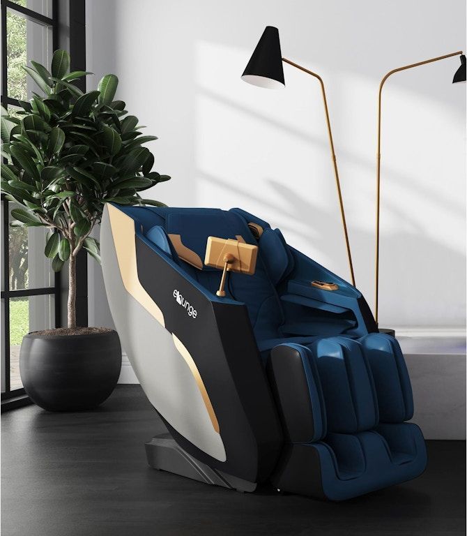 Blue and black massage chair in a modern room beside a potted plant and floor lamp