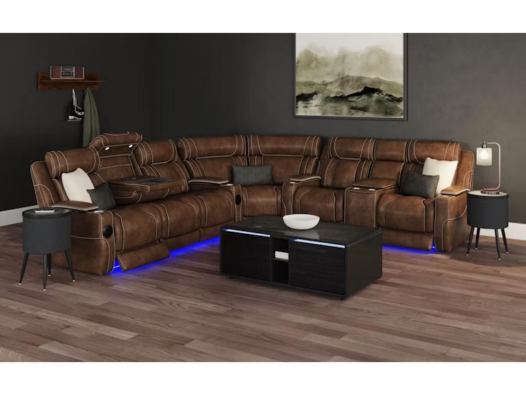 Modern living room with brown leather sectional, black coffee table, and blue LED underglow