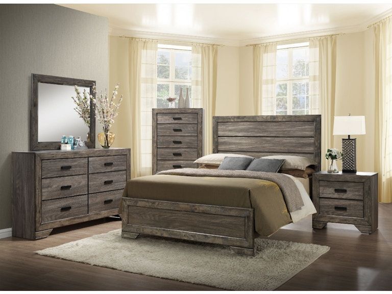 Rustic bedroom set with dark wood bed, dresser, mirror, nightstand, and light curtains in a bright room