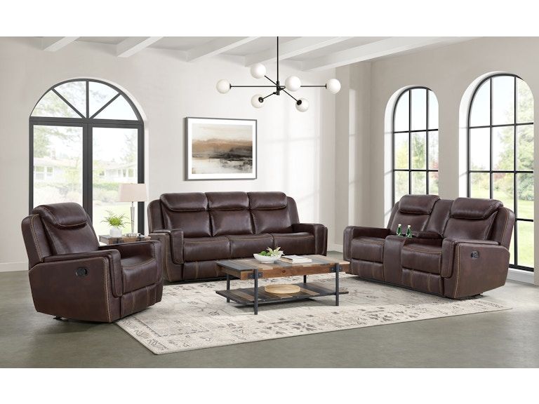 Brown leather living room set with recliners, sofa, loveseat, and coffee table in a bright modern room
