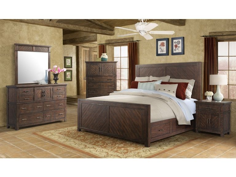 Rustic bedroom with a dark wood bed, dresser, nightstands, and warm tan decor