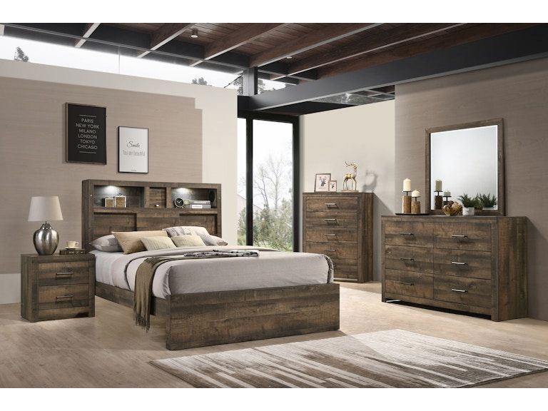 Modern bedroom set with wood bed, nightstand, dresser, mirror, and neutral bedding in a spacious room