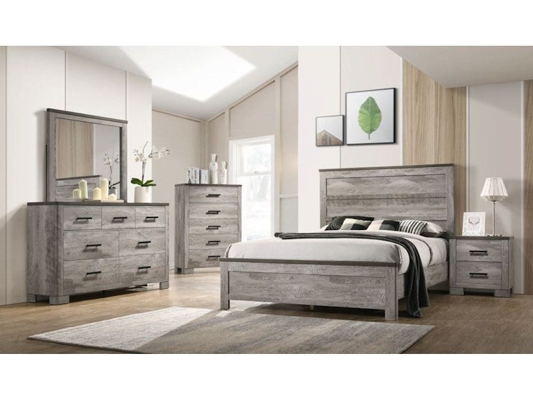 Modern gray bedroom set with bed, dresser, nightstands, mirror, lamp, and rug