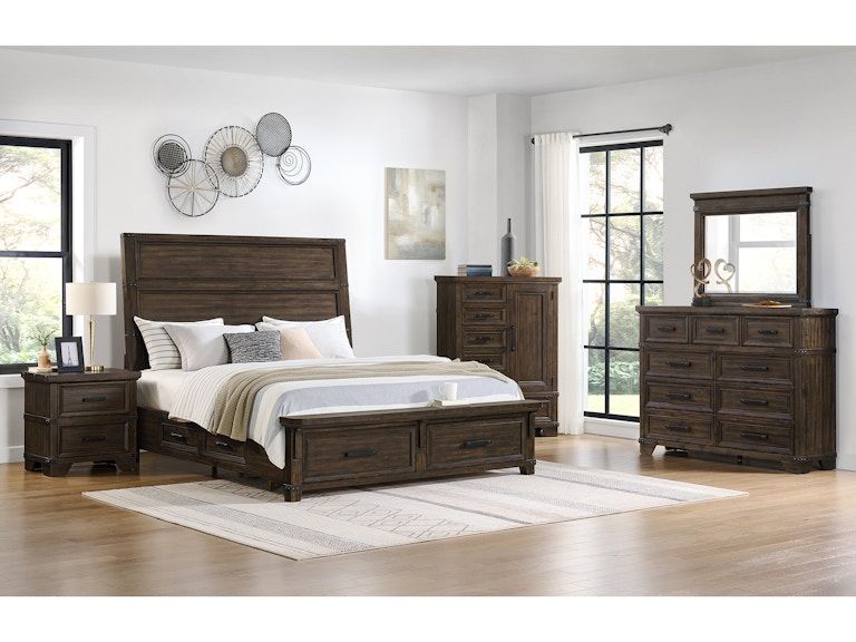 Dark wood bedroom set with bed, nightstands, dresser, mirror, and wall decor in a bright room