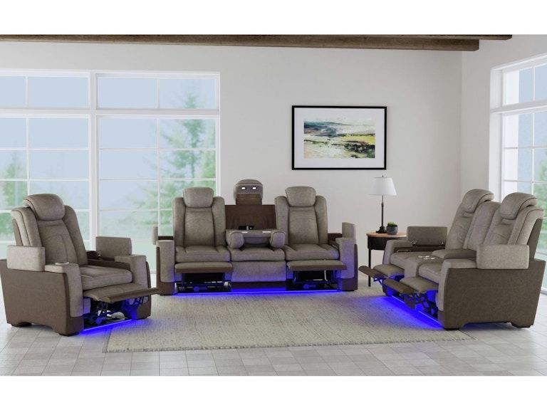Gray reclining sectional sofa set in a bright living room with blue LED underlighting
