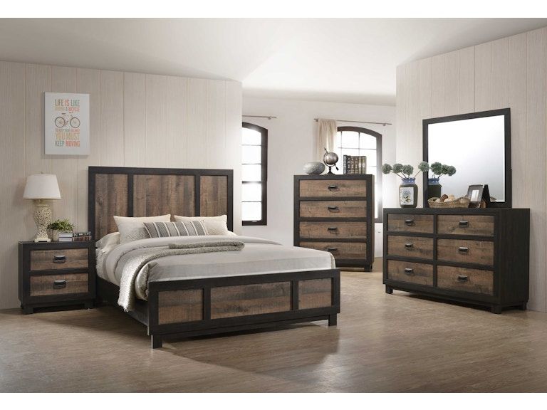 Modern bedroom with dark wood bed, matching dressers, mirror, lamp, and neutral decor