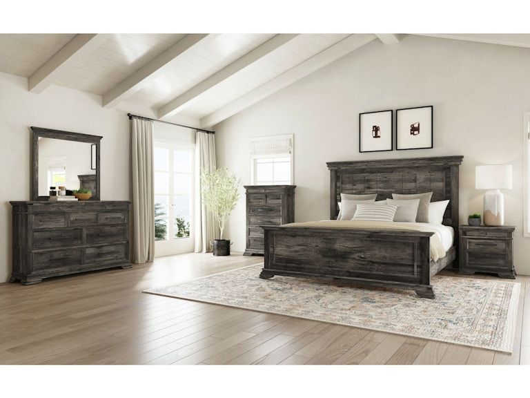 Modern bedroom with dark wood furniture, bed, dresser, mirrored nightstands, and light rug in a bright room