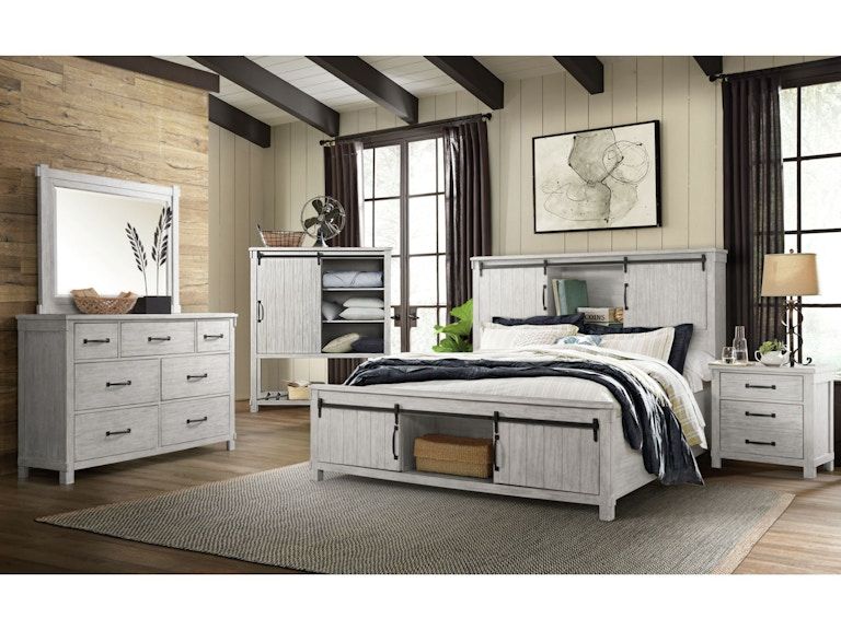 Bright rustic bedroom with white bed, dresser, nightstands, and beige curtains