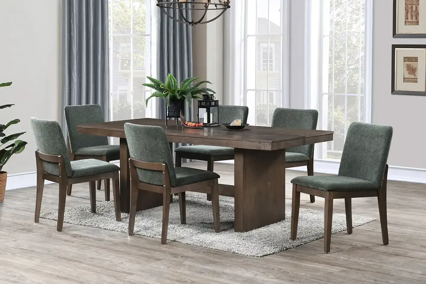 Dining room with a dark wood table, six green upholstered chairs, and large windows with white curtains