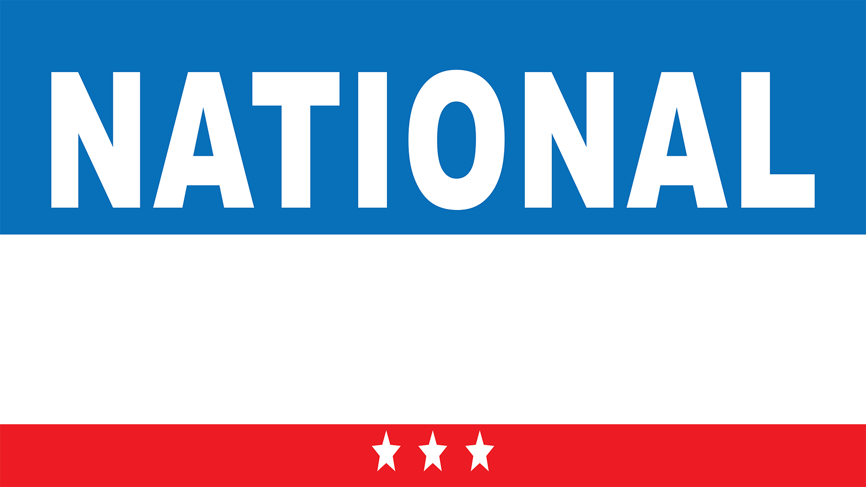 Blue, white, and red banner with bold white “NATIONAL” text and three stars below.