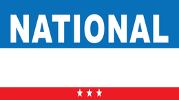 Blue, white, and red banner with bold white “NATIONAL” text and three stars below.