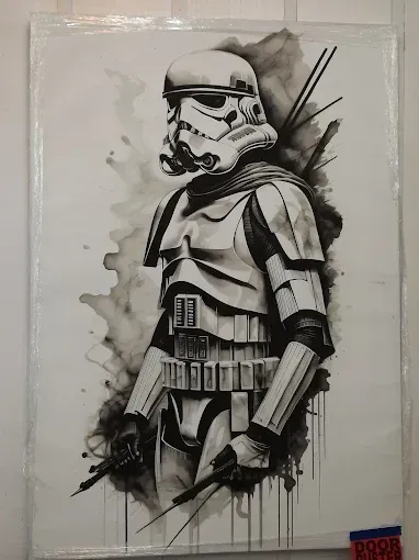 Black-and-white Stormtrooper watercolor sketch with ink splatters on a white canvas
