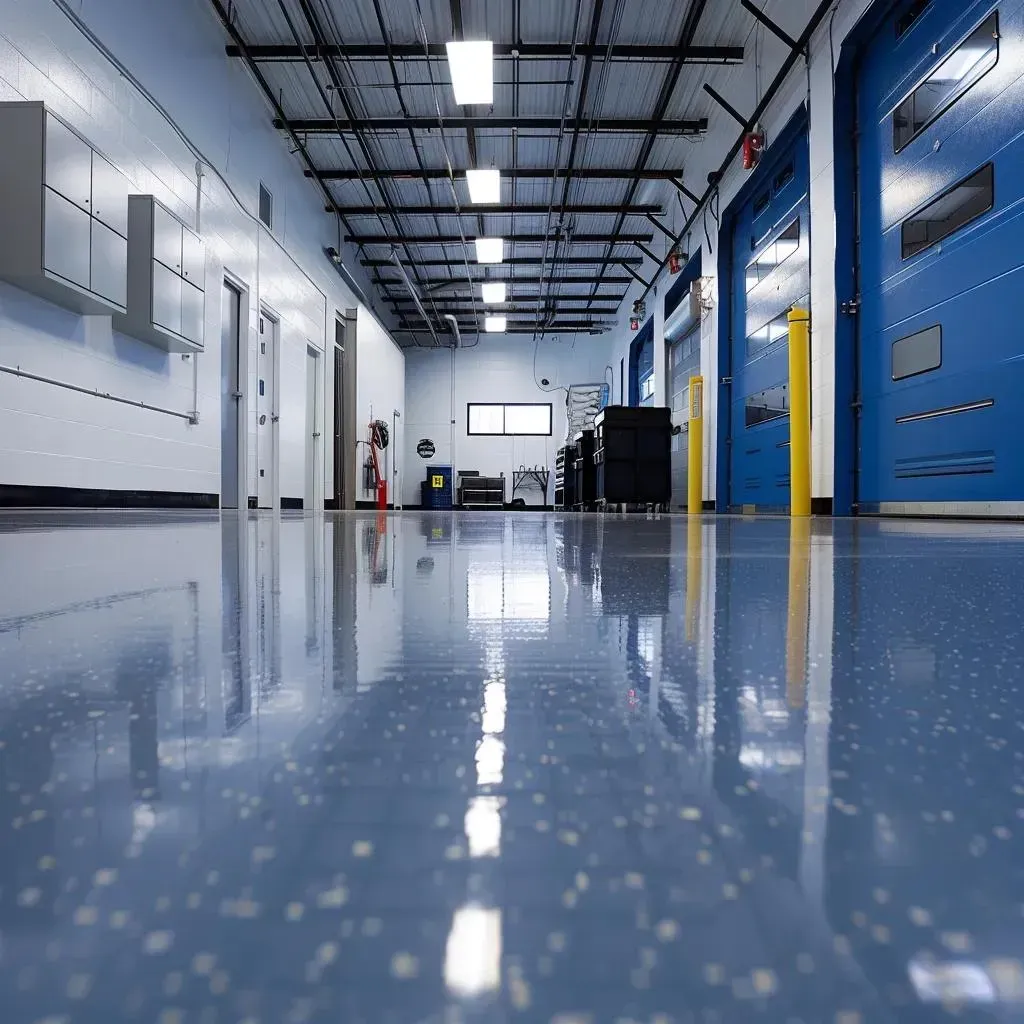Long, shiny, blue-gray industrial hallway with overhead lights, closed blue doors, and equipment in the distance.