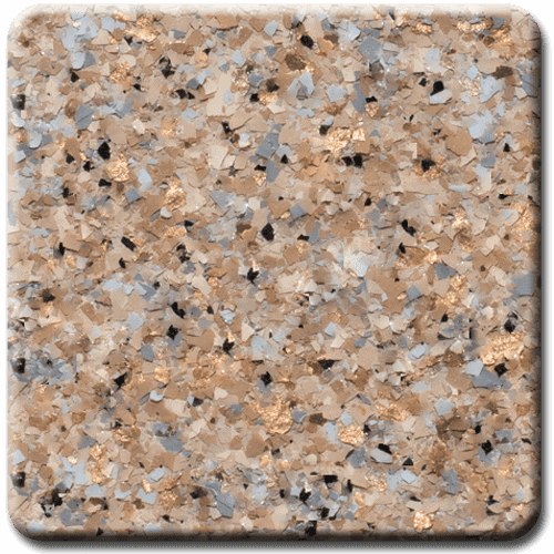 Tan, gray, and gold speckled flooring sample.