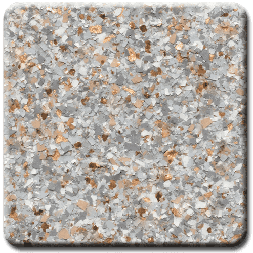 Close-up of a speckled, square surface with gray, beige, and copper-colored chips.