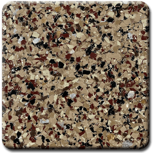Close-up of a speckled floor coating, primarily beige, brown, and black chips.