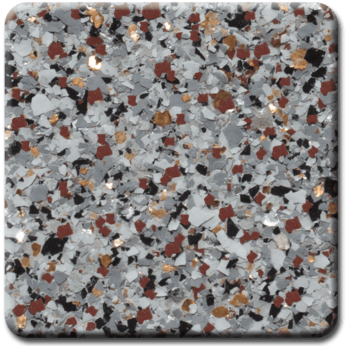 Square swatch of speckled flooring with gray, black, copper, and brown chips.