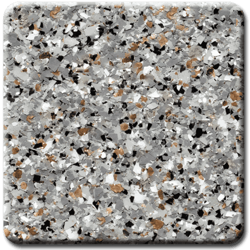 Speckled gray, gold, black, and white epoxy floor coating.
