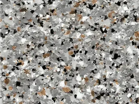 Speckled floor coating in gray, white, black, and tan.