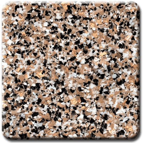Terrazzo-like pattern: beige, black, white, and gold flecks against a neutral background.