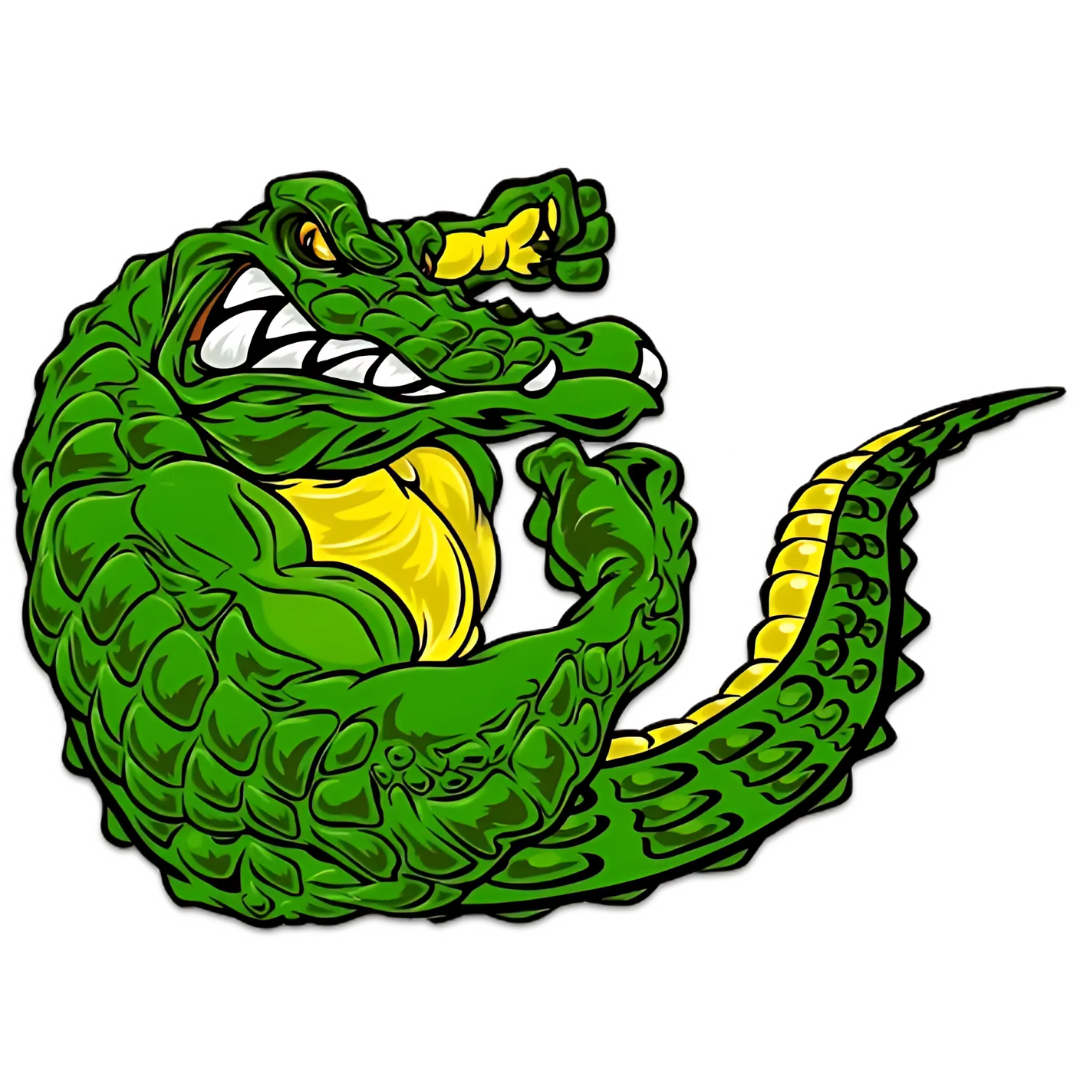 Green, muscular alligator clenching fist, snarling, flexing.