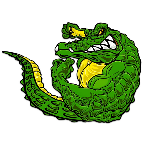 Green alligator flexing its arm, yellow basketball in the center, white teeth, and angry expression.