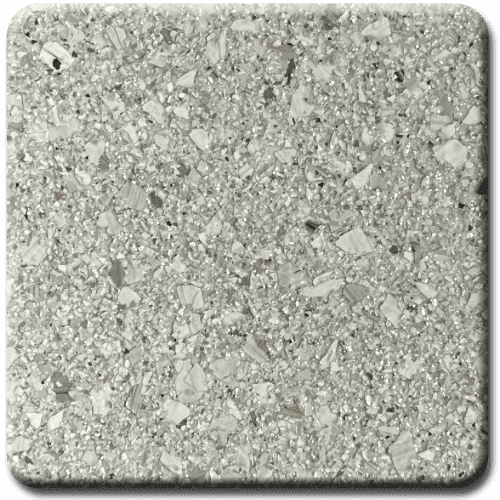 Speckled flooring with gray, black, and white chips.