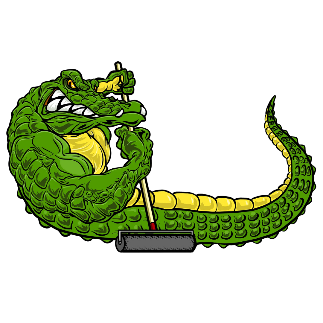 Green alligator using a paint roller.