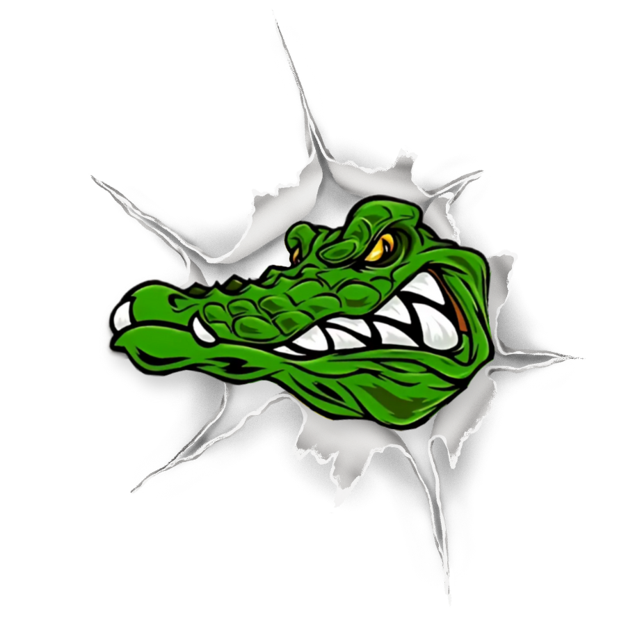Green cartoon alligator head bursting through a white surface, snarling with yellow eyes.