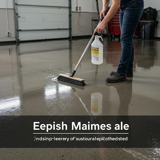 Person mopping a concrete floor with a brush and cleaning solution. Garage setting.