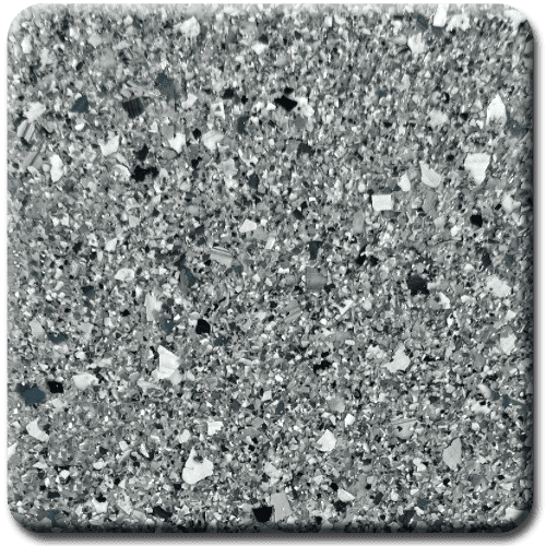 Speckled flooring with beige, black, gray, and light brown chips.