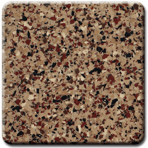 Brown and tan speckled flooring tile with black and red accents.