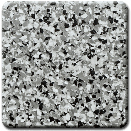 Speckled flooring with gray, black, and white chips.