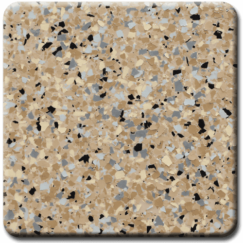 Speckled flooring with beige, black, gray, and light brown chips.