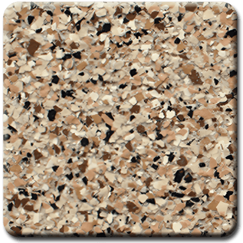 Beige, brown, and black speckled epoxy flooring.