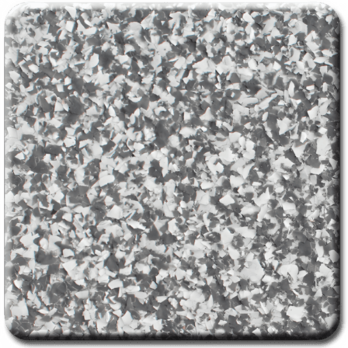 Gray and white speckled floor coating.