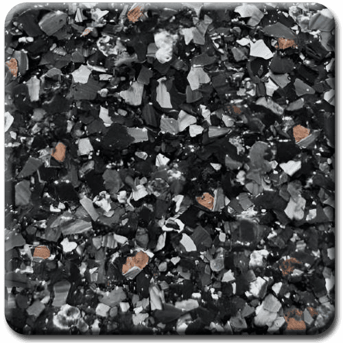 Dark speckled epoxy flooring with black, gray, silver, and copper-colored chips.