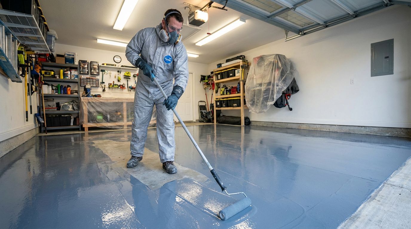 Person applying epoxy to a garage floor with a roller, wearing protective gear. Gray floor, white walls.
