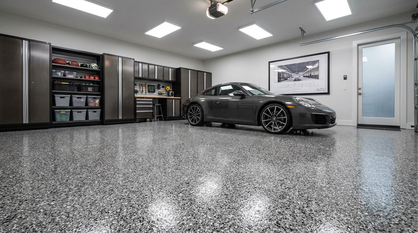 Grey sports car in a modern, well-organized garage with epoxy flooring, cabinetry, and a door.