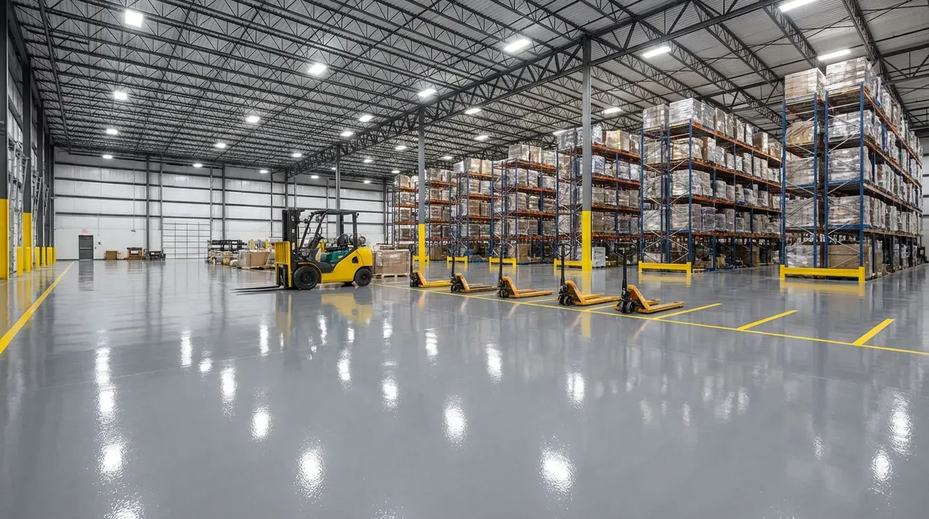 Warehouse interior with boxes stacked on shelves, forklifts and pallet jacks on gray flooring.