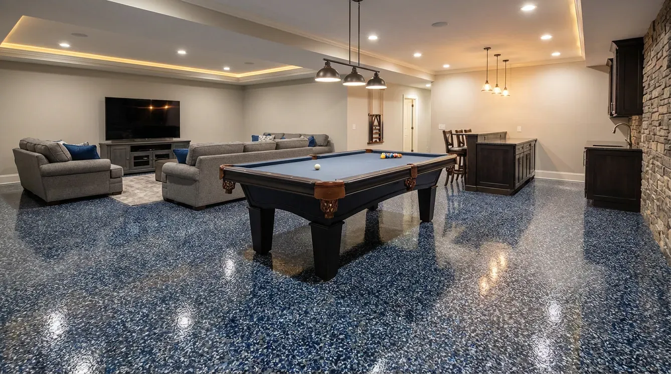 Finished basement with a pool table, gray furniture, and a blue speckled floor.
