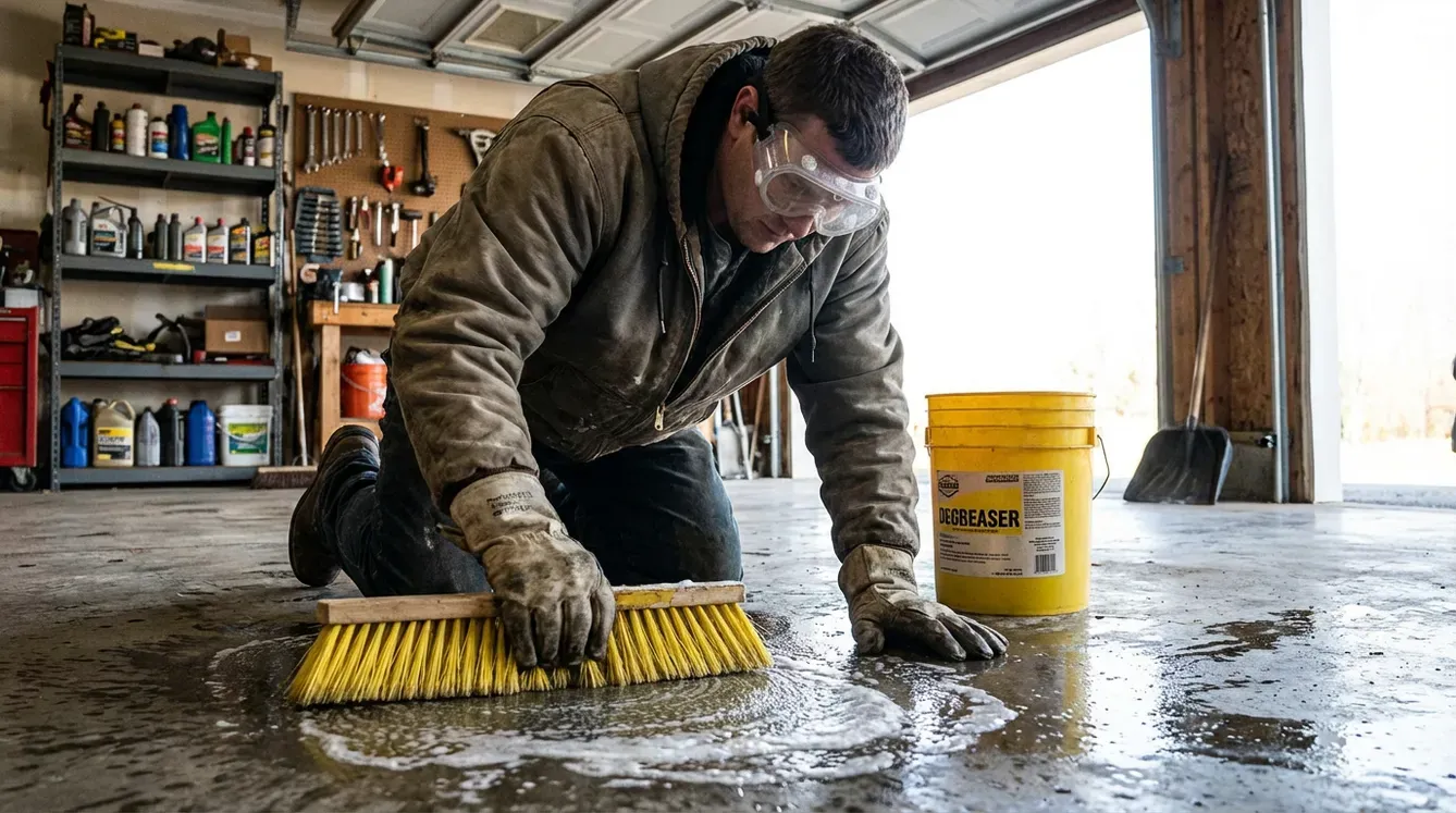 Man wearing safety glasses scrubs a concrete floor with a yellow brush and bucket in a garage.
