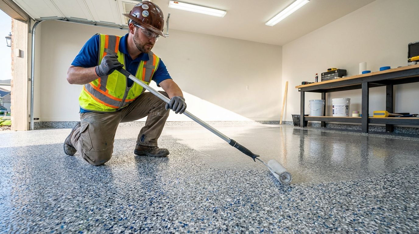 Man applying epoxy coating to a garage floor with a roller. He wears safety gear.