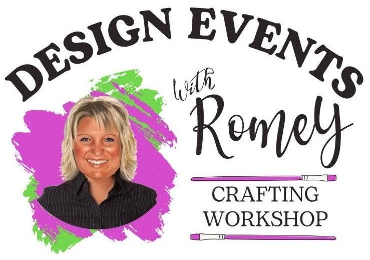 Design Events with Romey logo, smiling portrait, purple paint splash, Crafting Workshop text